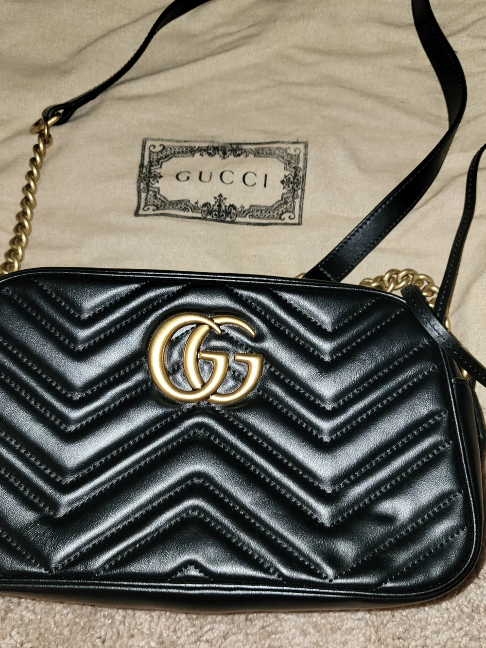 Gucci Black Quilted GG Marmont Small Shoulder Bag with Gold Hardware